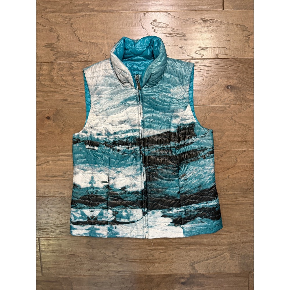 NWT Conrad C Puffer Vest Womens 12 Blue Polyester Abstract Reversible Quilted
